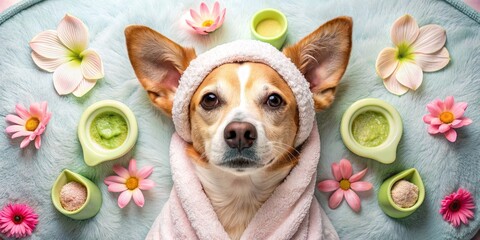 Pampered Pup in Spa Setting with Flowers and Treatments