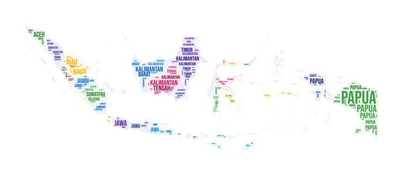 Indonesia region word cloud. Country shape design. Indonesia colored illustration. Region names collage cloud. Vector illustration.