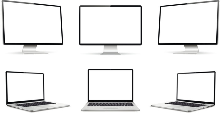 Realistic computer screen with laptop mockup. Computer display and laptop on three sides with blank screen.