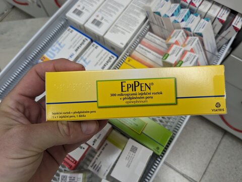 Prague, Czech Republic - July 9 2024: EPIPEN box of medication with epinephrine active substance by Mylan, used for treatment of anaphylaxis, severe allergic reactions, anaphylactic shock.