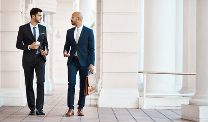 Business people, men and walking outdoor with discussion, travel and morning with attorney for...