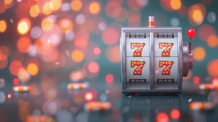 A close-up of a gray casino slot machine, with its reels spinning and lights flashing, against a minimalist backdrop. This image captures the excitement and thrill of playing slots in a stylish and