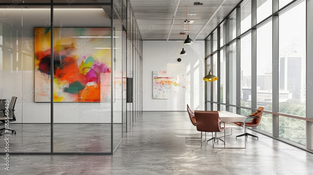 Poster modern office with colorful abstract art and glass partitions. bright and creative work environment.