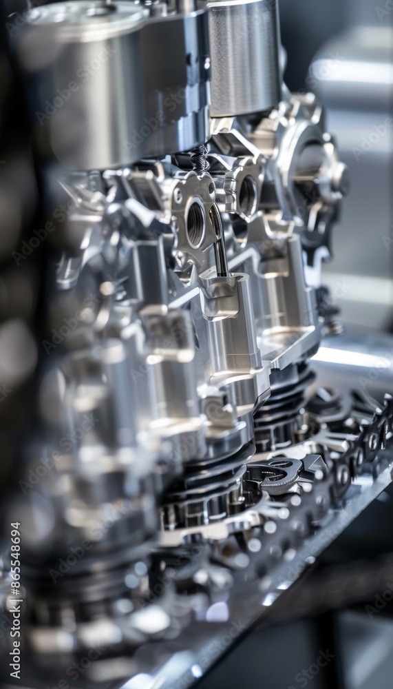 Poster detailed close-up of chainsaw engine assembly process in factory setting for industrial design