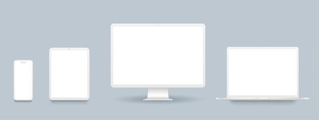 Realistic clay electronic device set, pc screen, laptop computer, pad and smartphone isolated