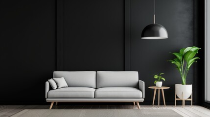 A modern living room with black accents and minimalist design elements, providing ample copy space for text or graphics. The clean and simple layout enhances the room's sophistication.