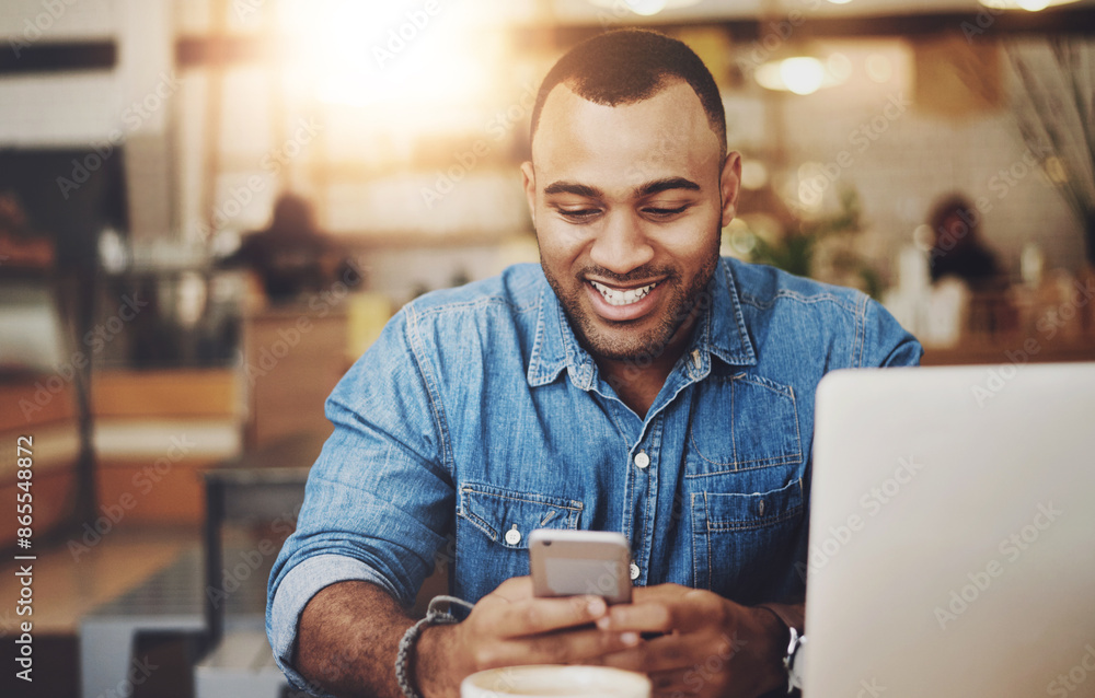 Poster Man, cafe and happy typing on smartphone, smiling and message notification on mobile app with online searching. Communication, freelance writer and break in restaurant, social media and reading blog