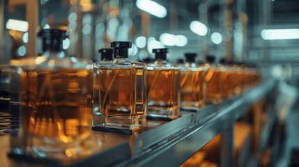Bottles of perfume move along a conveyor belt in a factory