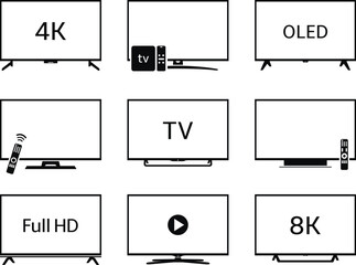 TV icon set. Contains such icons as 4K, Full HD, OLED, 8K.