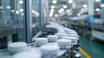 White plastic containers move along a conveyor belt in a modern factory