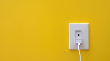 Inserting phone adapter into white electrical outlet on yellow wall side view