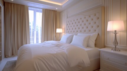 Hotel Room Interior With Beige Curtains And White Bed