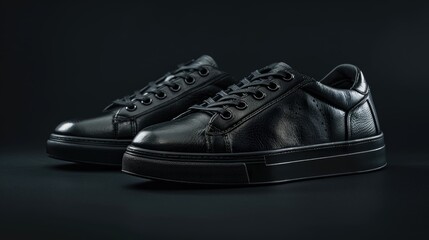 Stylish black leather men s sneakers on black backdrop Trendy sports shoes for active lifestyle Ideal for fitness and running
