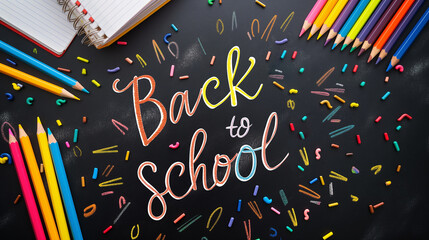 "Back to school" lettering with books and pencils over chalkboard background. Generative AI
