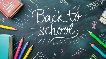 "Back to school" text written by chalk on a blackboard with coloured pencils and school equipment. Generative AI