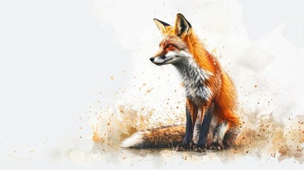 Artistic digital illustration of a red fox sitting against a light background, with a watercolor splatter effect for creative use.