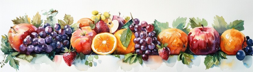 Colorful illustration of diverse fruits including apples, grapes, oranges, and more, arranged with lush green leaves.