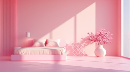 A modern bedroom with a subtle pink color palette, designed in a minimalist style with clean lines and uncluttered space. Ideal for projects that require a calm and sophisticated atmosphere.