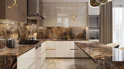 Warm Sophistication: Emperador Marble Kitchen - Countertops and Backsplash, Natural Lighting - Ideal for Elegant Spaces