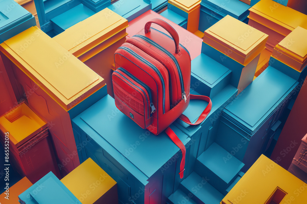 Poster minimalist isometric design featuring overlapping rhombuses and minimal back-to-school details in a 