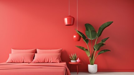 A contemporary bedroom in shades of red, designed in a minimalist style with clean lines and modern furniture. The image provides ample copy space for adding text or graphics.