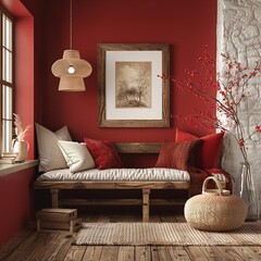 Rustic Home Interior Mockup with Bench, Chairs, and Decor