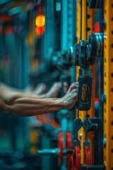 Athlete using a modern, brightly colored cable machine,