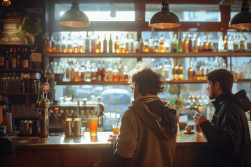 A group of friends having a drink at a trendy, well-lit bar with a vast selection of beverages,