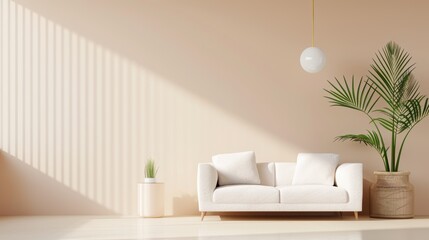 A serene living room in soft brown hues, designed with minimalist elements and providing an open area for copy space.