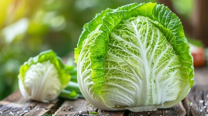 Fresh chinese cabbage on wooden surface  side view of healthy vegetable on bleached board