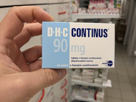 Prague, Czech Republic -June 28, 2024:DHC CONTINUS box of medication with dihydrocodeine active substance by Napp Pharmaceuticals,used for treatment of chronic pain,severe pain relief, pain management
