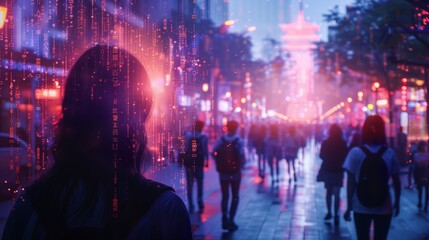 Person Walking Through a Neon-Lit City Street at Night