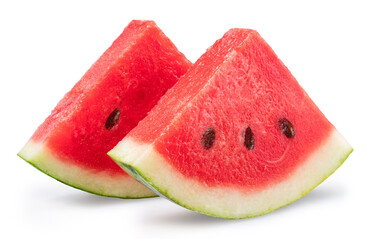 Watermelon triangle slices with seeds isolated on white background. Clipping path.