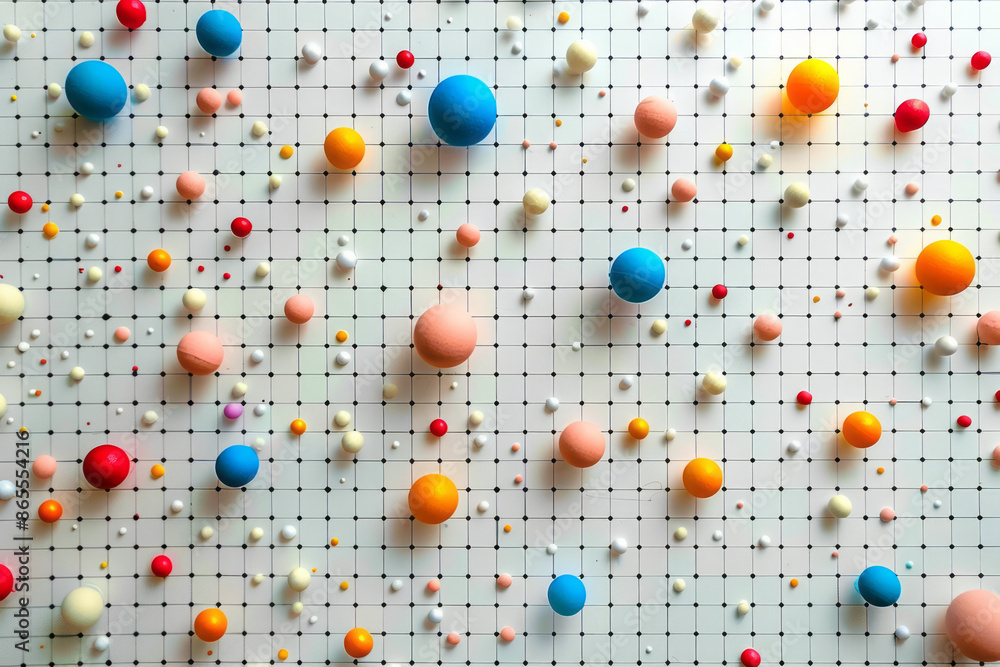 Poster a minimalist scatter plot with colorful points and subtle grid lines,