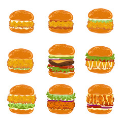 Set of delicious fast food illustrations Icon Hamburger included fried chicken, beef, fries, pickles, lettuce, tomato, bacon, and bread on a skillet, isolated on a white background for the food menu