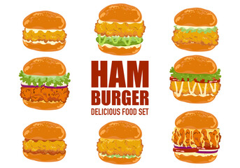Set of delicious fast food illustrations Hamburger with fried chicken, pickles, lettuce, tomato, bacon, bread. They are isolated on a white background for poster design, food menu, and advertising.