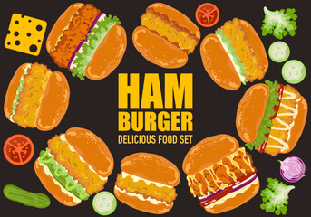 Set of delicious fast food illustrations Hamburger with fried chicken, pickles, lettuce, tomato, bacon, bread. They are isolated on a white background for poster design, food menu, and advertising.