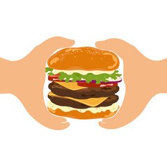 Set of delicious fast food illustrations Happy hamburger party with including beef, pickles, lettuce, tomato, bacon, bun. On a skillet, isolated on a white background for food menu poster design.