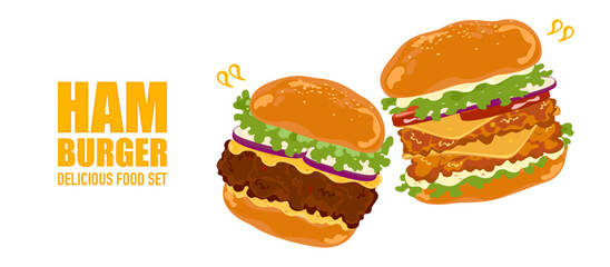 Set of delicious fast food illustrations Hamburger with fried chicken, pickles, lettuce, tomato, bacon, bread. They are isolated on a white background for poster design, food menu, and advertising.
