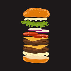 Set of delicious fast food illustrations: beef hamburger. Fried chicken, pickles, lettuce, tomato, bacon, cheese. Layered bread. They are isolated on a white background for poster design, food menus.