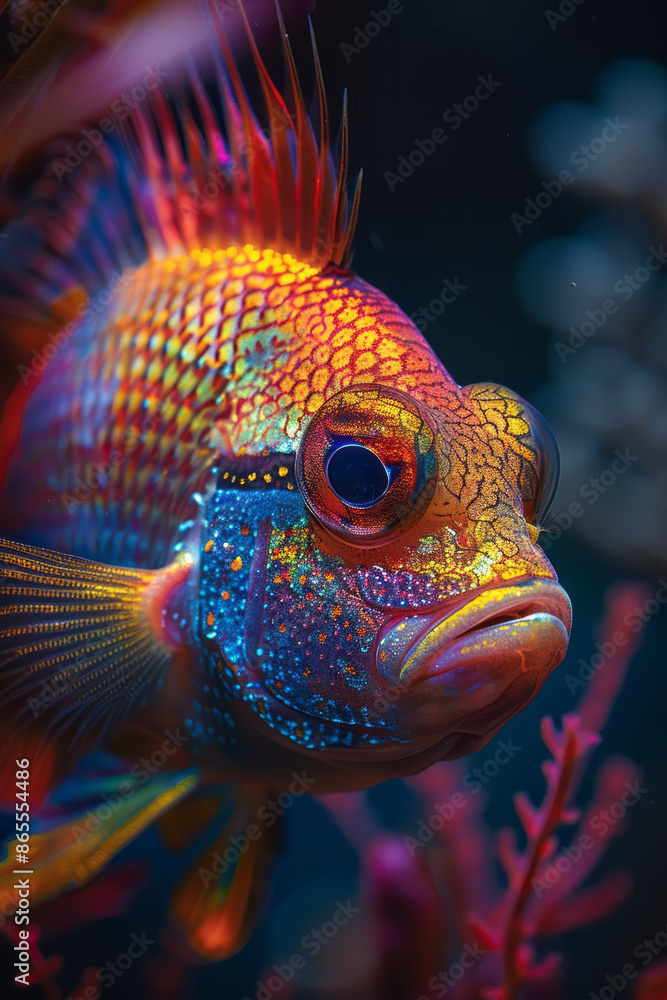 Poster a fish with heterochromatic scales, each scale showing a different color pattern,