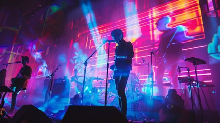 A rock band performs under colorful neon lights on stage, their silhouettes illuminated by the vibrant stage lighting.