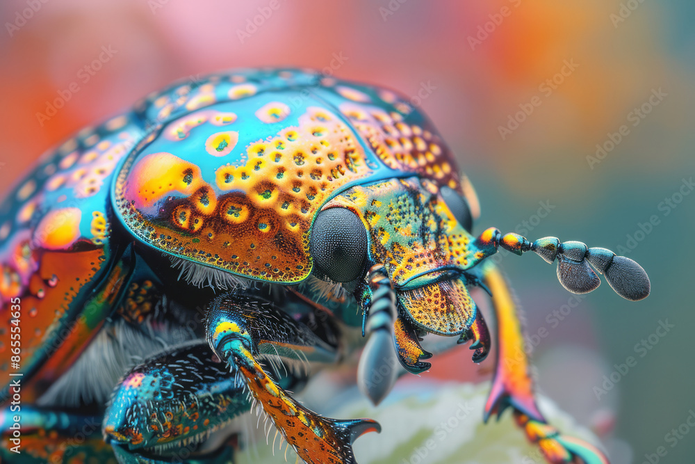 Poster macro shot of a beetle with heterochromatic shell patterns, reflecting various colors in the light,