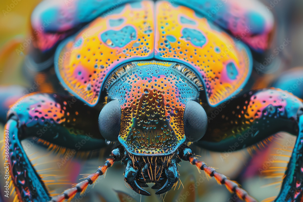 Poster macro shot of a beetle with heterochromatic shell patterns, reflecting various colors in the light,