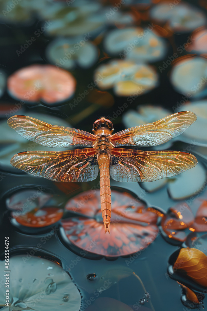 Poster a dragonfly with heterochromatic wing patterns, hovering above a pond,