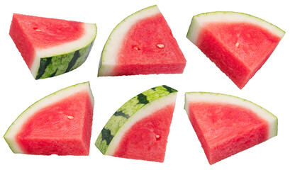 Set of watermelon triangle slices without seeds isolated on white background. Clipping path.