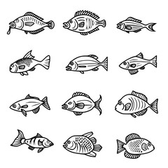 fish, sea, vector, fishing, silhouette, animal, illustration, icon, cartoon, nature, water, pattern, food, salmon, ocean, design, marine, art, set, seafood, seamless, shark, car, Seashells svg, Seashe