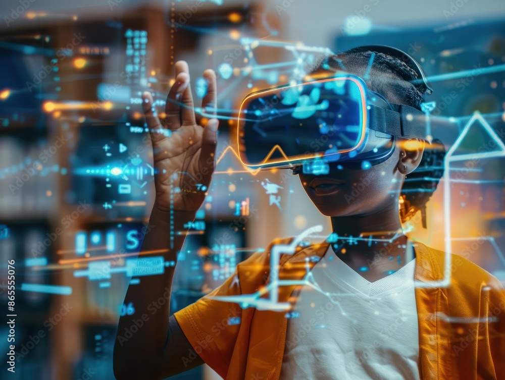 Poster african school student with vr headset using ai artificial intelligence technology & machine learnin