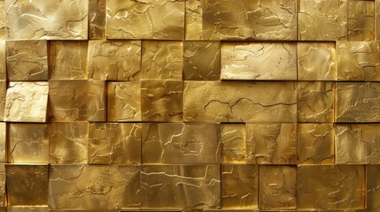 A gold wall with a textured surface. The wall is made up of gold bricks and has a rough, uneven texture. The gold bricks are arranged in a way that creates a sense of depth and dimension