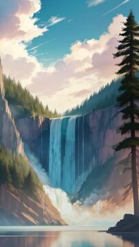 Vertical Landscape Cliffs and Waterfall Vector 4K Loop features an A.I. Generated video of a waterfall coming over a cliff into a misty lake with pine trees on the shore in a vertical ratio loop.